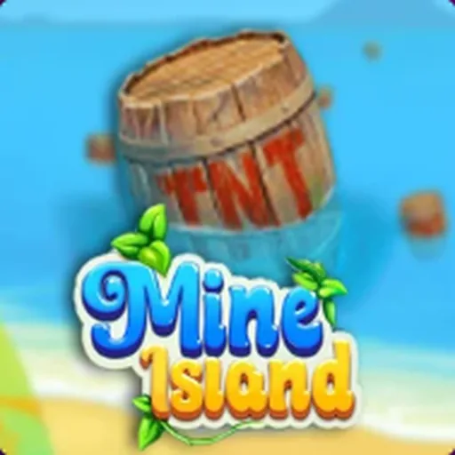 9 Mine Island casino game featuring a wooden barrel on a tropical island